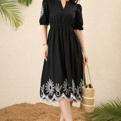 Women Black Embroidered Midi Dress