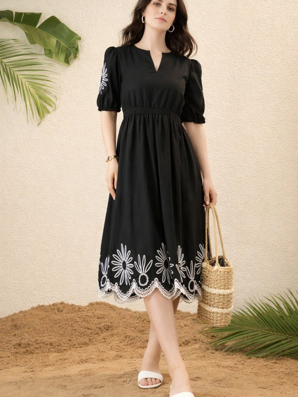 Women Black Embroidered Midi Dress