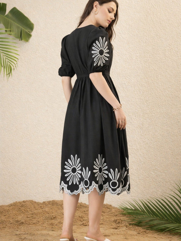 Women Black Embroidered Midi Dress
