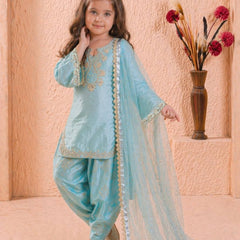 Girls Sky Blue Embroidered Kurta Patiala Set with Dupatta