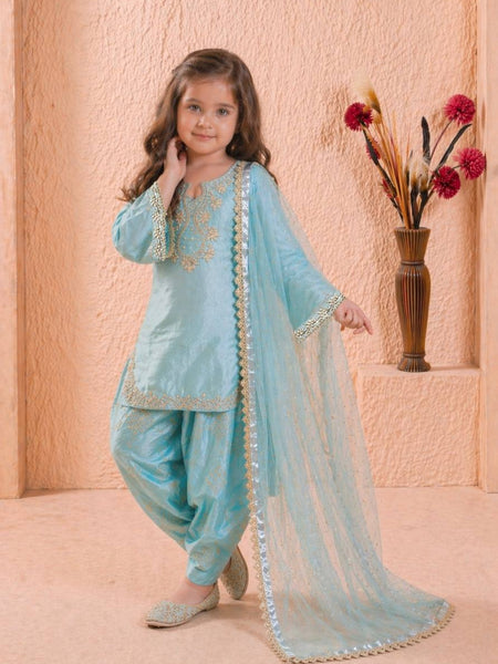 Girls Sky Blue Embroidered Kurta Patiala Set with Dupatta