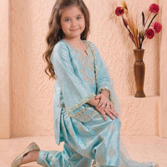 Girls Sky Blue Embroidered Kurta Patiala Set with Dupatta