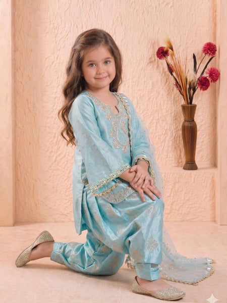 Girls Sky Blue Embroidered Kurta Patiala Set with Dupatta