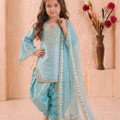 Girls Sky Blue Embroidered Kurta Patiala Set with Dupatta