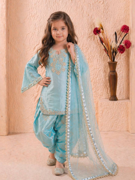 Girls Sky Blue Embroidered Kurta Patiala Set with Dupatta