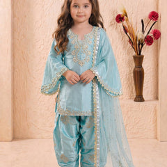 Girls Sky Blue Embroidered Kurta Patiala Set with Dupatta
