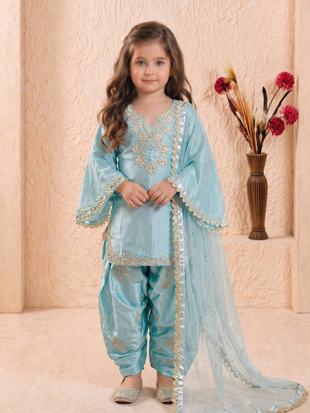 Girls Sky Blue Embroidered Kurta Patiala Set with Dupatta