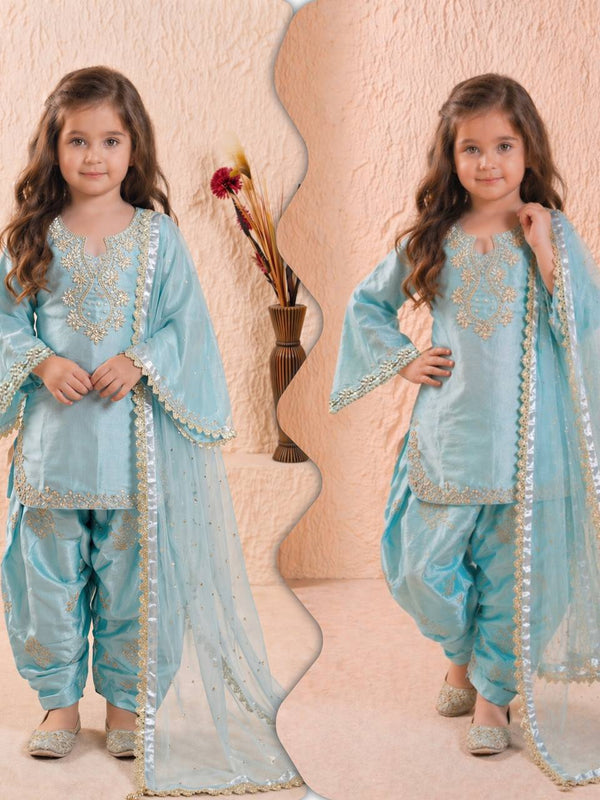 Girls Sky Blue Embroidered Kurta Patiala Set with Dupatta