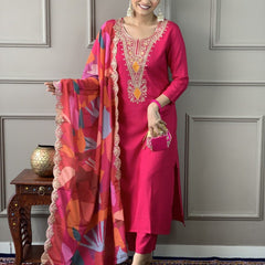 Women Pink Embroidered Kurta Set with Printed Dupatta