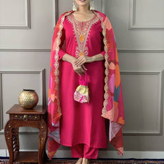 Women Pink Embroidered Kurta Set with Printed Dupatta