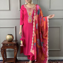 Women Pink Embroidered Kurta Set with Printed Dupatta