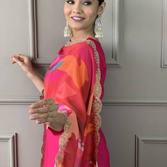 Women Pink Embroidered Kurta Set with Printed Dupatta