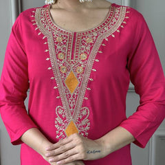 Women Pink Embroidered Kurta Set with Printed Dupatta
