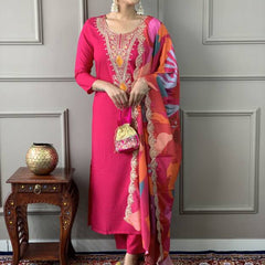 Women Pink Embroidered Kurta Set with Printed Dupatta