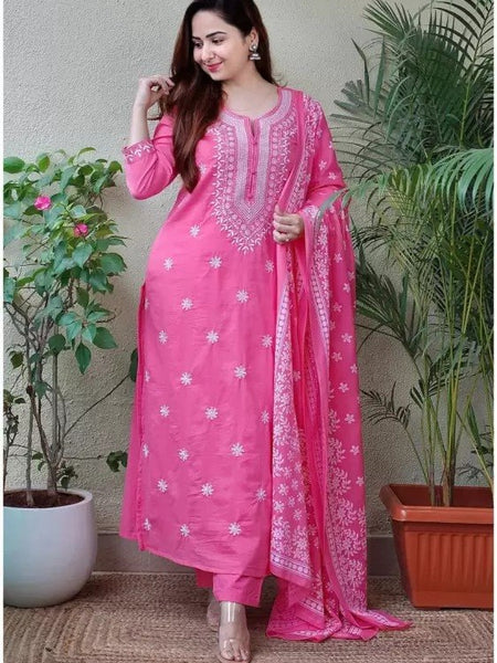 Women Bright Pink Embroidered Kurta Set with Dupatta