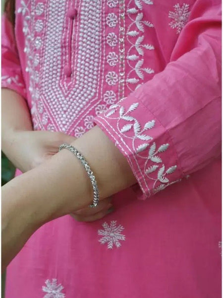 Women Bright Pink Embroidered Kurta Set with Dupatta