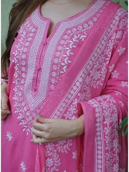 Women Bright Pink Embroidered Kurta Set with Dupatta