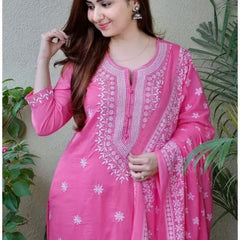 Women Bright Pink Embroidered Kurta Set with Dupatta