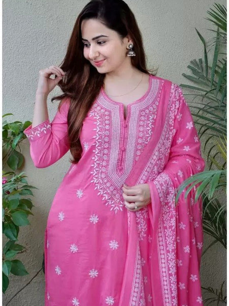 Women Bright Pink Embroidered Kurta Set with Dupatta