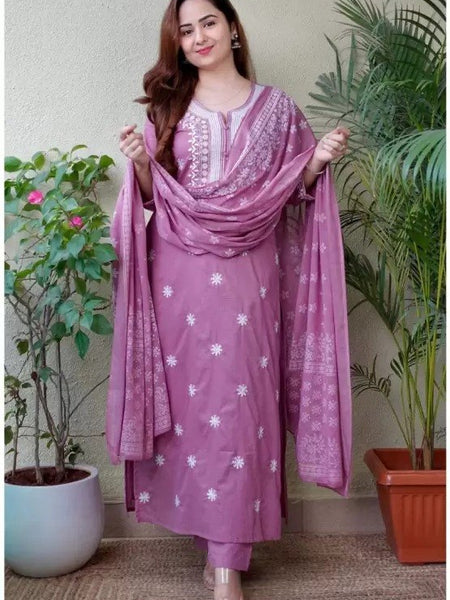 Women Rose Pink Embroidered Kurta Set with Dupatta