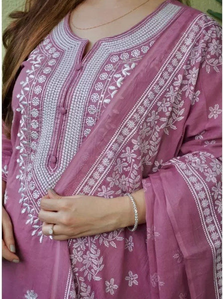 Women Rose Pink Embroidered Kurta Set with Dupatta