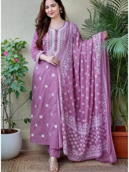 Women Rose Pink Embroidered Kurta Set with Dupatta
