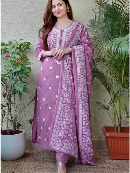 Women Rose Pink Embroidered Kurta Set with Dupatta