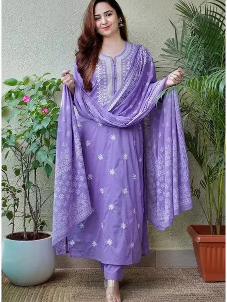 Women Lavender Embroidered Kurta Set with Dupatta