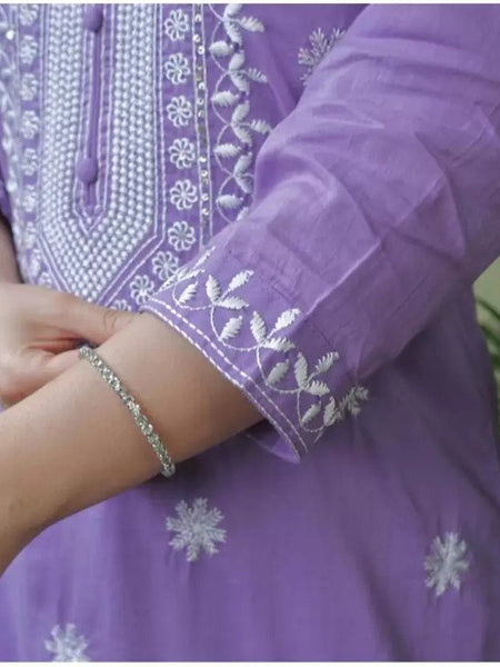 Women Lavender Embroidered Kurta Set with Dupatta