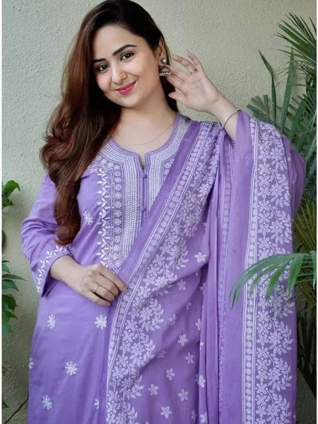 Women Lavender Embroidered Kurta Set with Dupatta