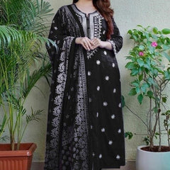 Women Black Embroidered Kurta Set with Dupatta