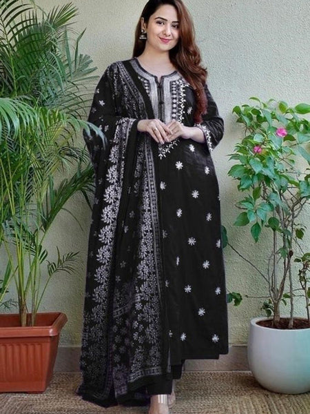 Women Black Embroidered Kurta Set with Dupatta