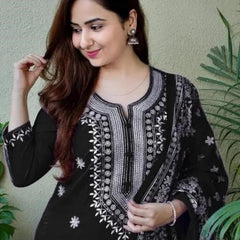 Women Black Embroidered Kurta Set with Dupatta