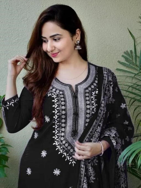 Women Black Embroidered Kurta Set with Dupatta