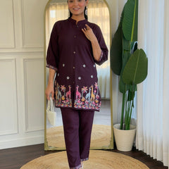 Women Wine Embroidered Co-Ord Set