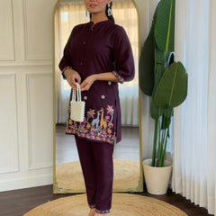 Women Wine Embroidered Co-Ord Set