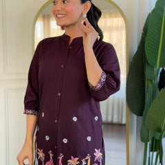 Women Wine Embroidered Co-Ord Set