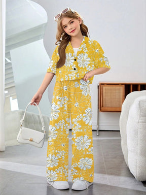 Girls Mustard Yellow Floral Printed Co-Ord Set
