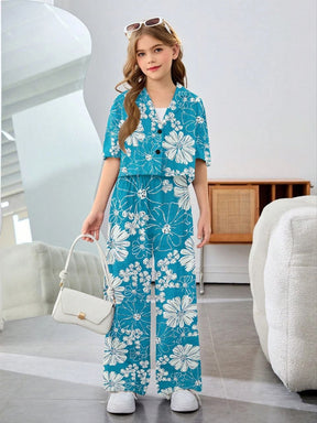 Girls Teal Blue Floral Printed Co-Ord Set