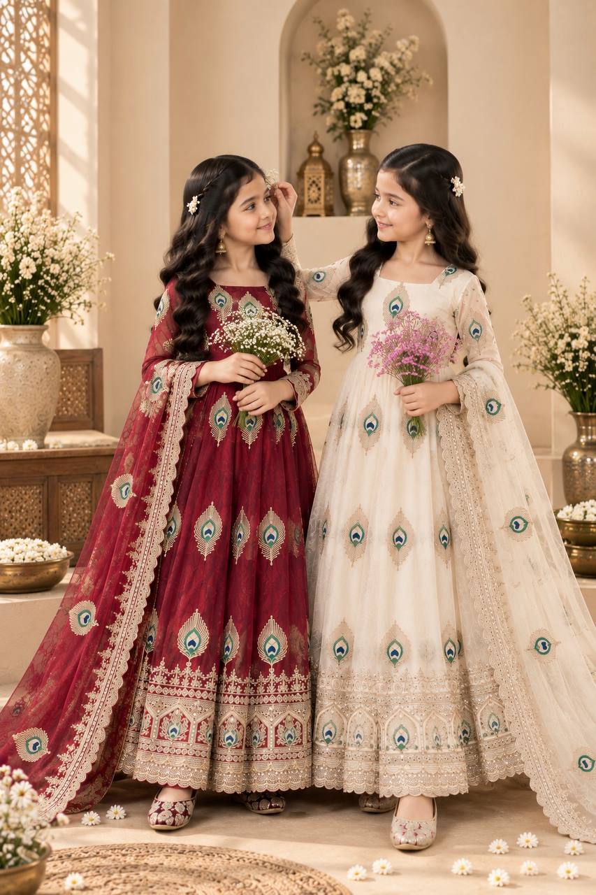 Girls Cream Embroidered Anarkali Dress with Dupatta