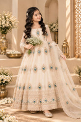 Girls Cream Embroidered Anarkali Dress with Dupatta