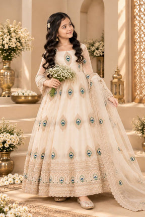 Girls Cream Embroidered Anarkali Dress with Dupatta