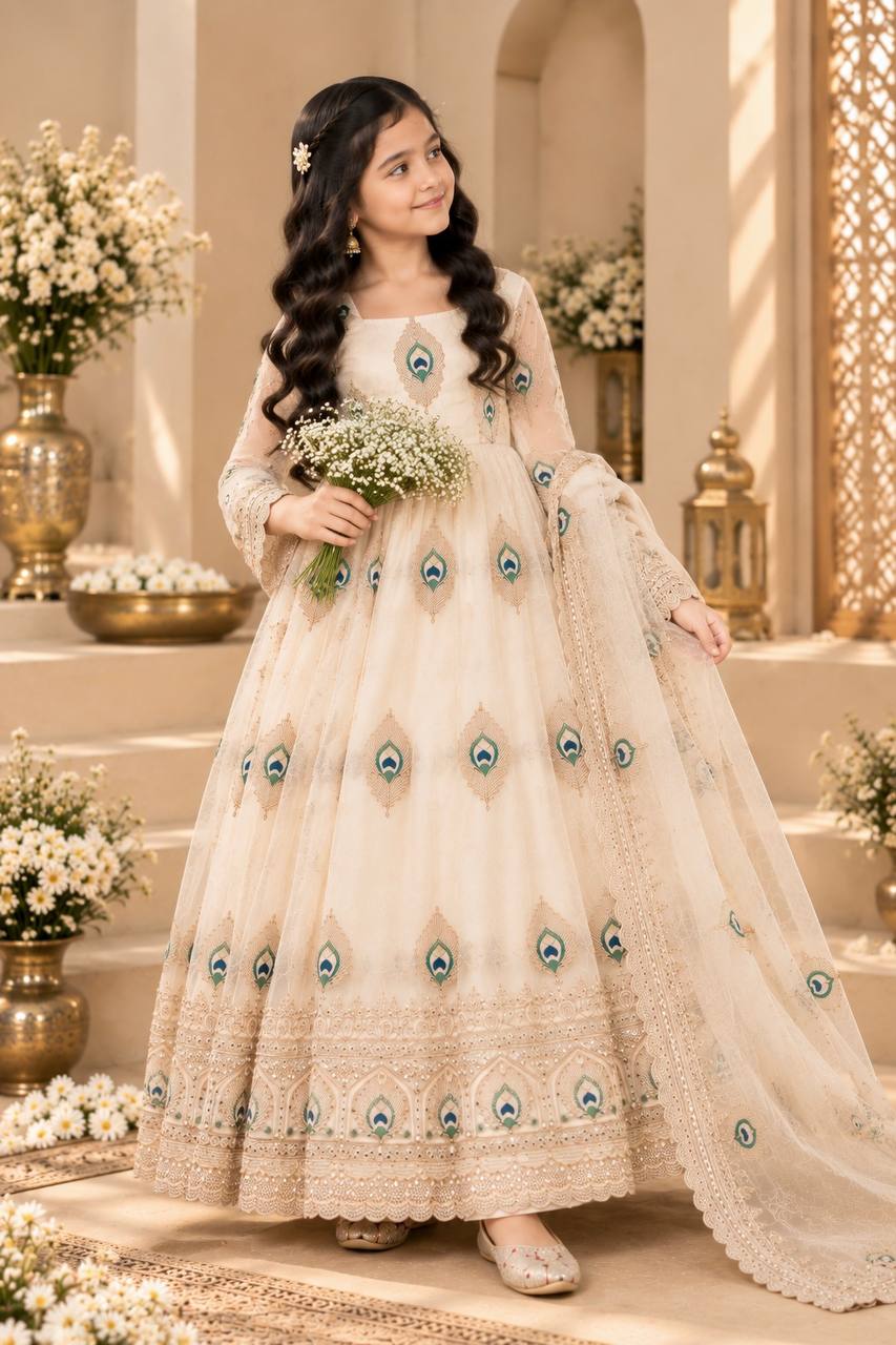 Girls Cream Embroidered Anarkali Dress with Dupatta