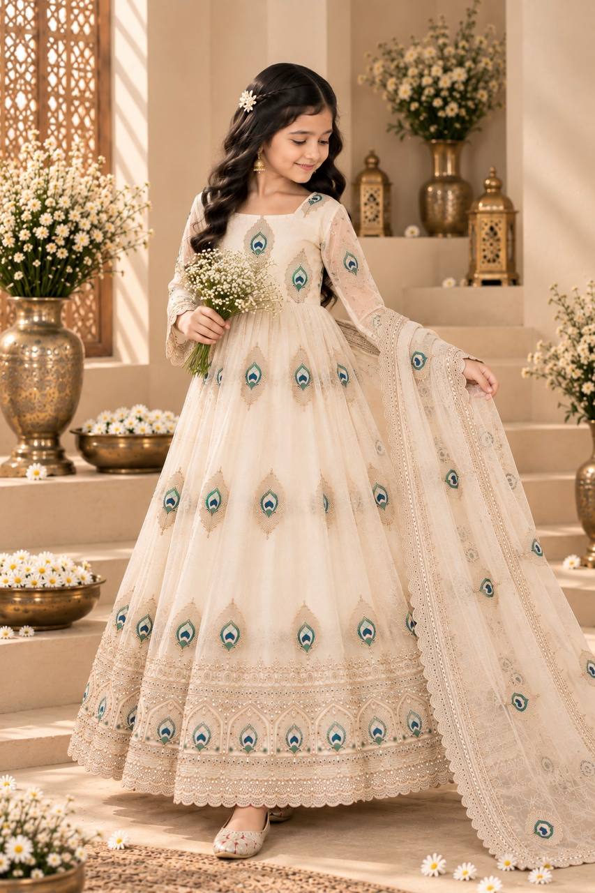 Girls Cream Embroidered Anarkali Dress with Dupatta