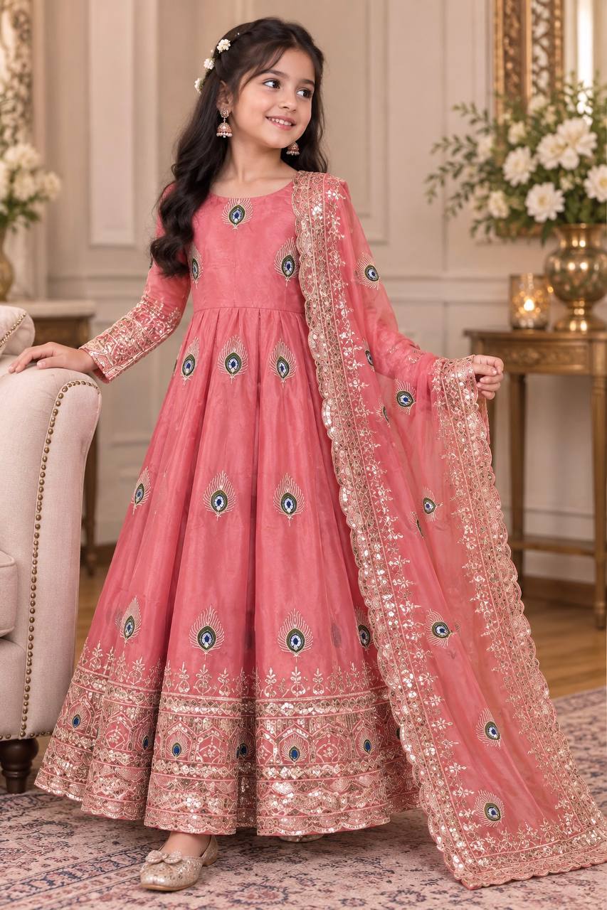 Girls Peach Pink Anarkali Gown with Dupatta