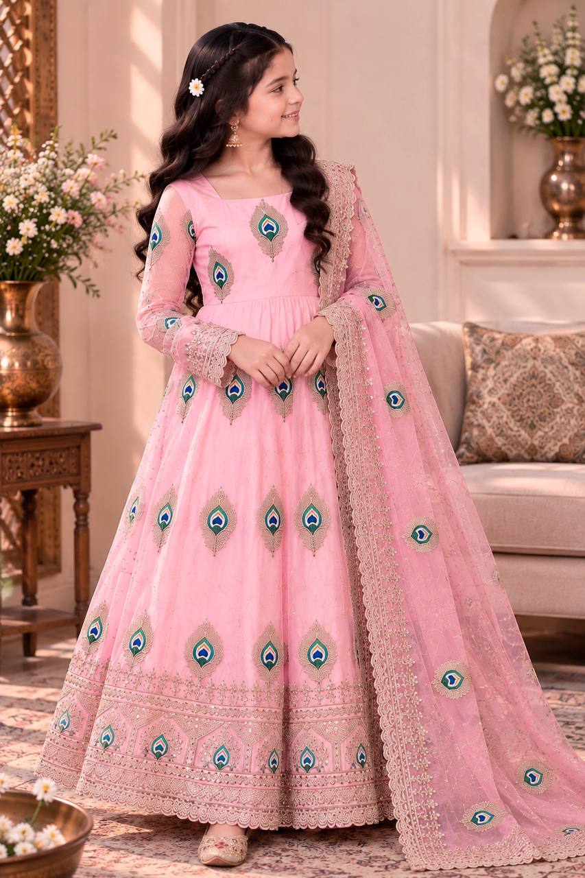 Girls Baby Pink Anarkali Dress with Dupatta