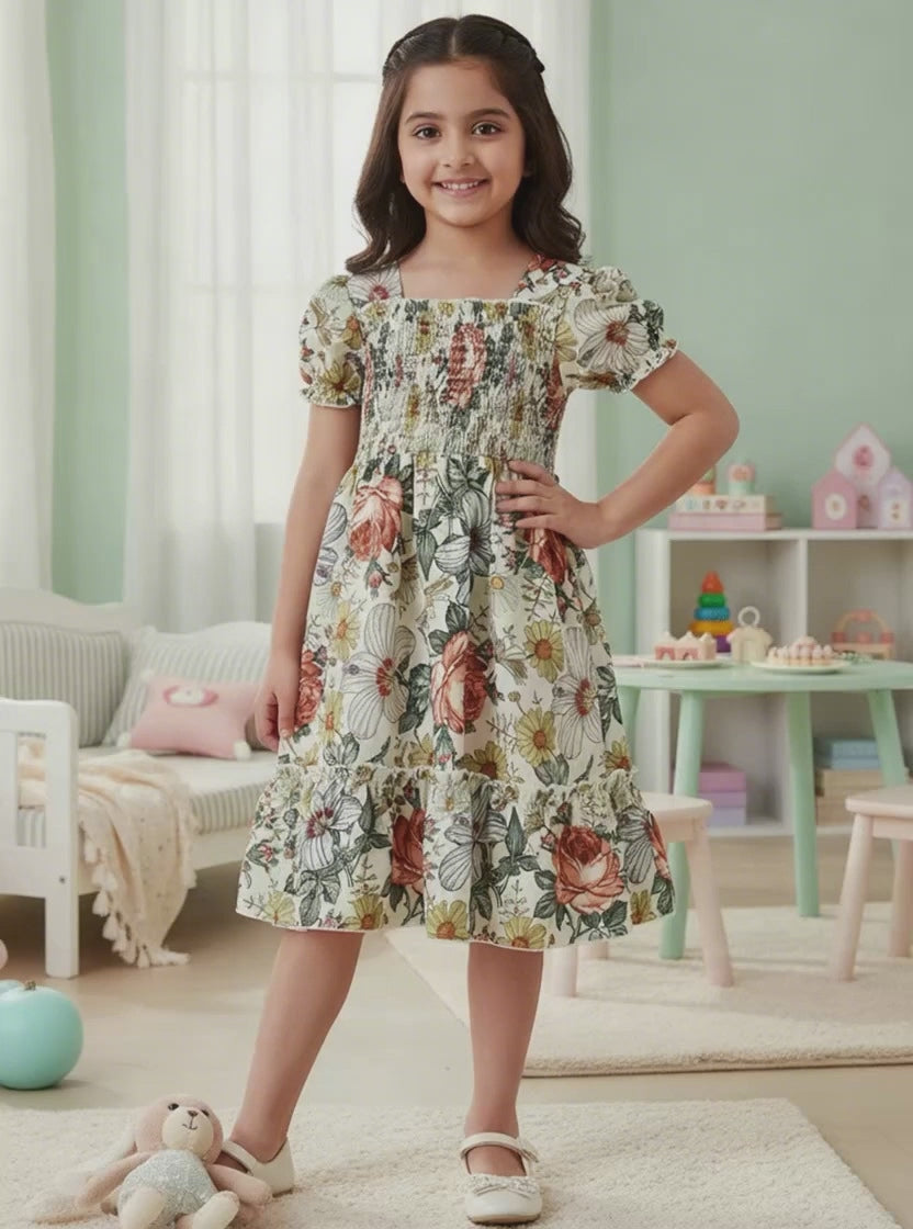 Girls Vintage Floral Puff-Sleeve Smocked Cotton Dress with Ruffle Hem
