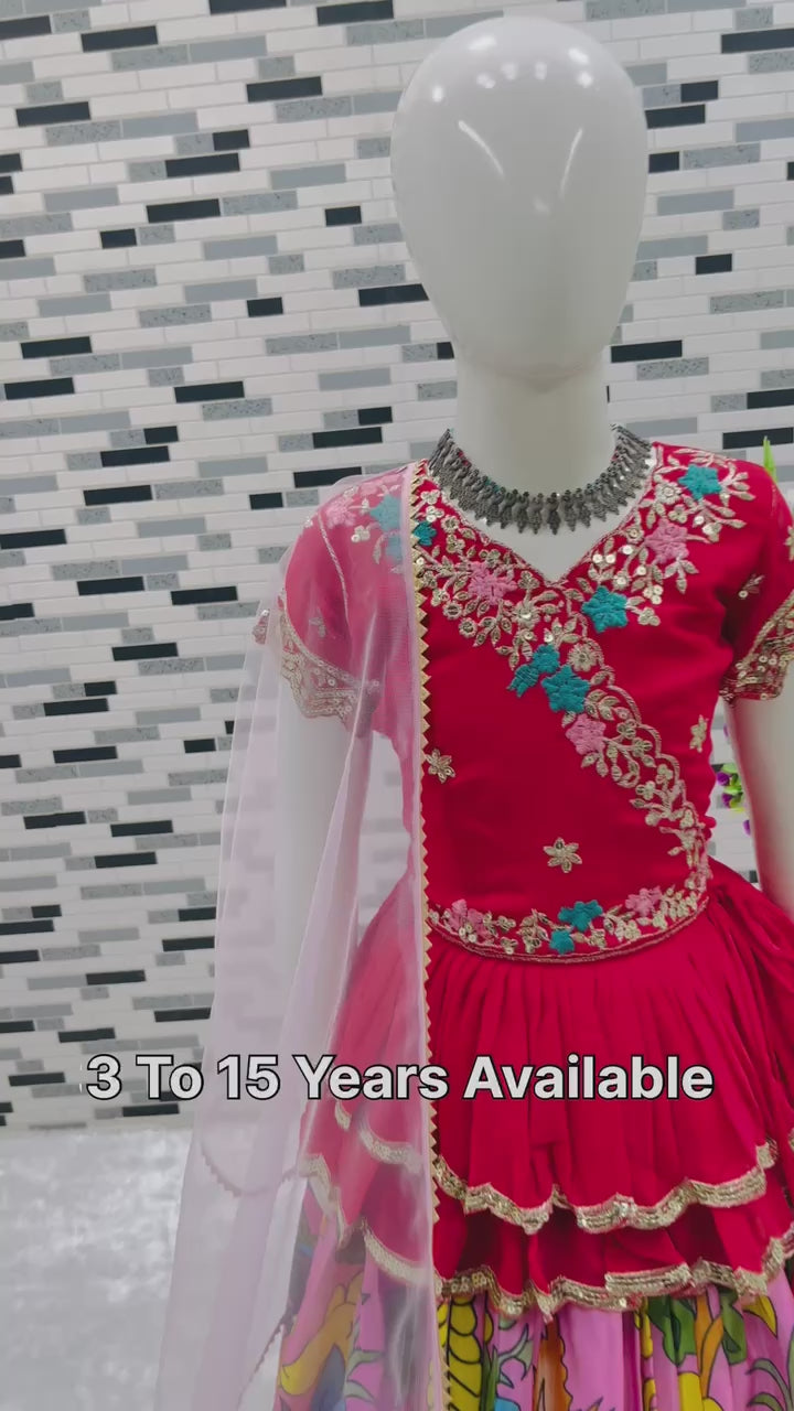 Girls Premium Handcrafted Red Embroidered Top & Multicolour Printed Lehenga