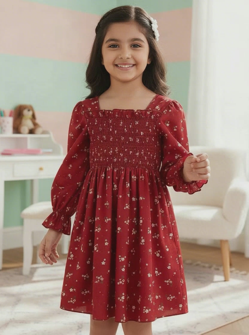 Girls Maroon Floral Long-Sleeve Smocked Cotton Dress – Elegant Party & Casual Wear
