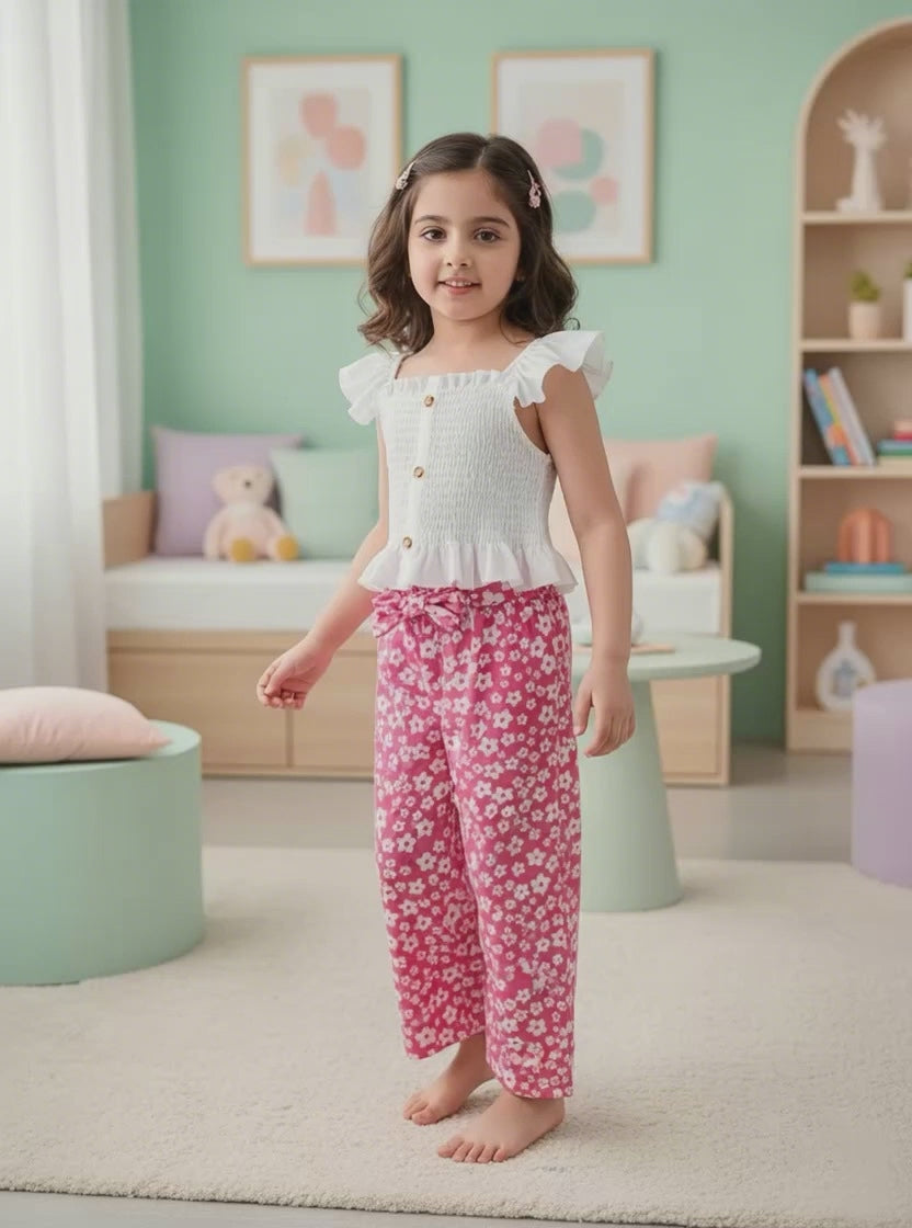 Girls White Ruffle Top with Pink Floral Print Pants Set